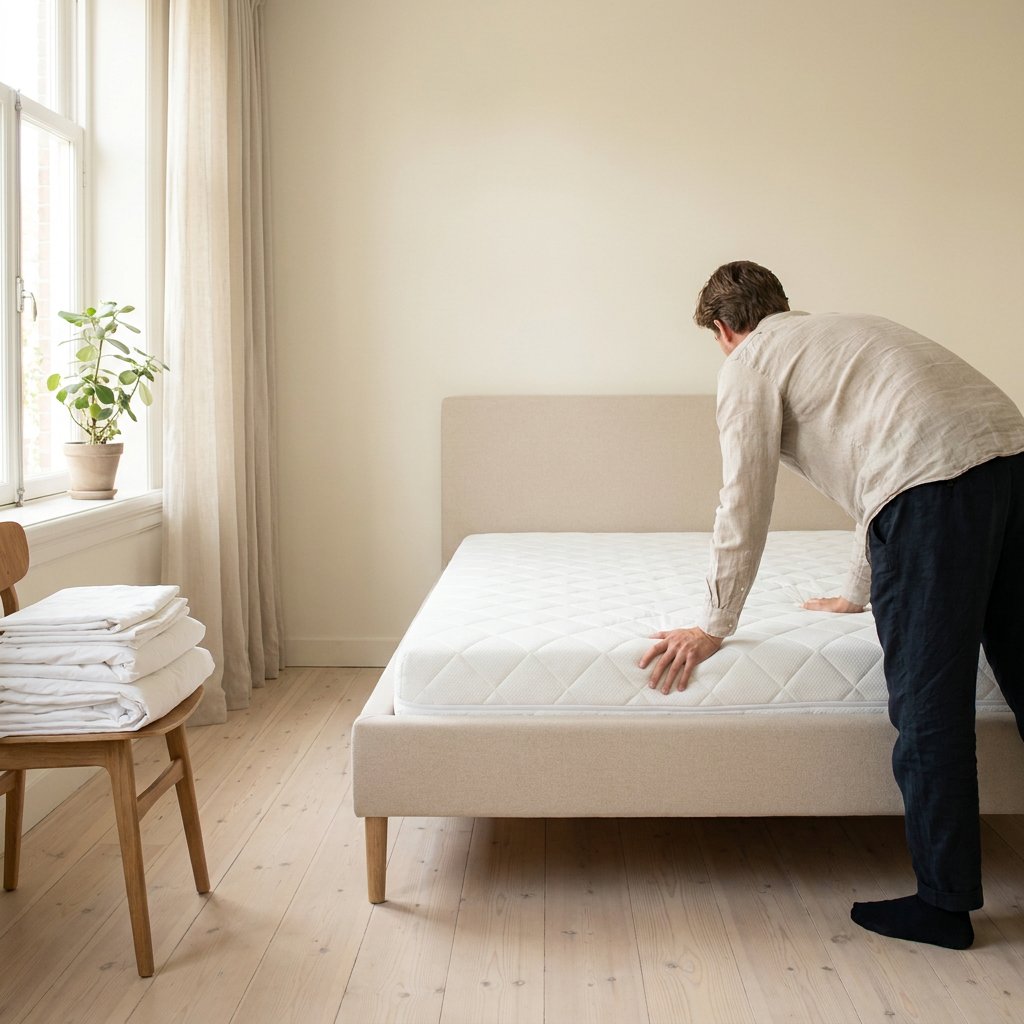 Net opgemaakt bed in een lichte Nederlandse slaapkamer, terwijl een volwassene het matras draait en gladstrijkt om kuilvorming te voorkomen.