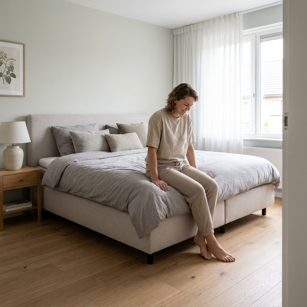 Volwassene test de zithoogte van een netjes opgemaakt bed in een lichte Nederlandse slaapkamer, met voeten vlak op de houten vloer.