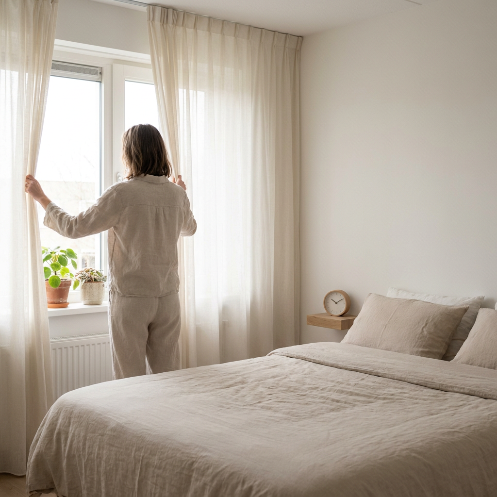 Volwassene opent vroeg in de ochtend de gordijnen in een rustige slaapkamer, met zacht daglicht, opgemaakt bed en een ontspannen begin van de dag.