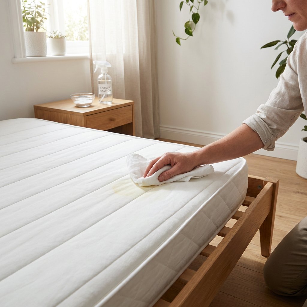 Persoon dept een gele zweetvlek op een wit matras in een lichte, nette slaapkamer, met baking soda en schoonmaakspullen binnen handbereik.