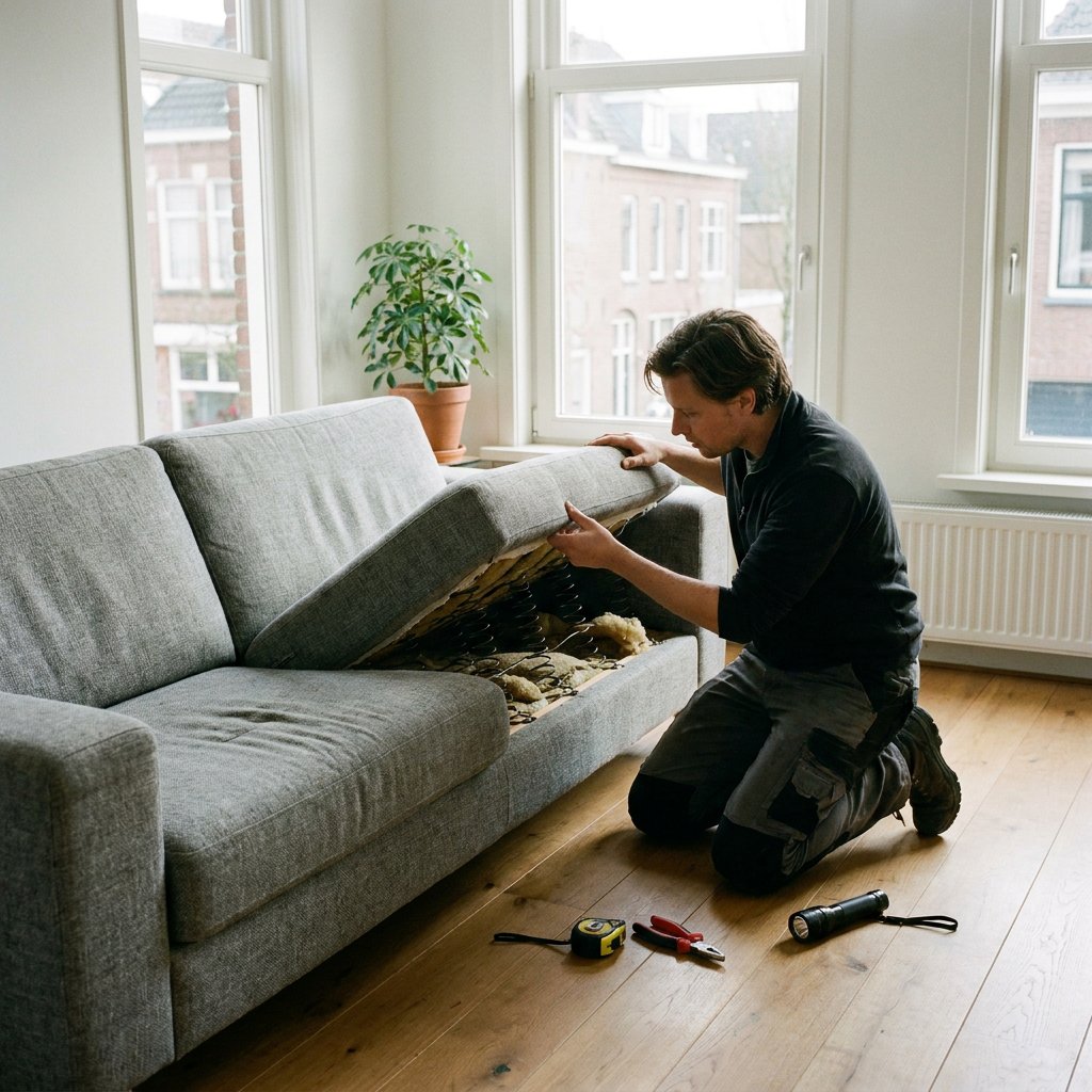 Bewoner inspecteert een doorgezakte grijze bank in een lichte Nederlandse woonkamer, met opgetild zitkussen en zichtbaar aandacht voor herstel.