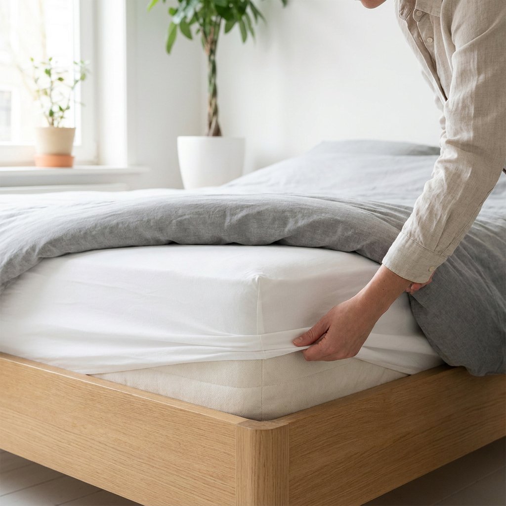 Net opgemaakt bed in een lichte slaapkamer, met handen die een wit hoeslaken strak om de matras trekken om de juiste maat te tonen.
