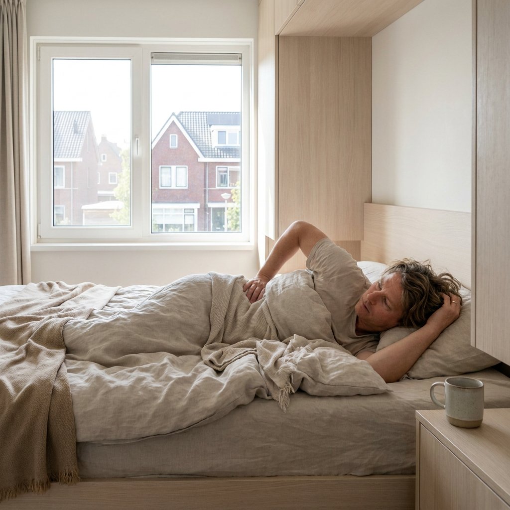 Volwassene ligt wakker op een net opgemaakt bed en voelt aan schouder en onderrug in een lichte, moderne Nederlandse slaapkamer.