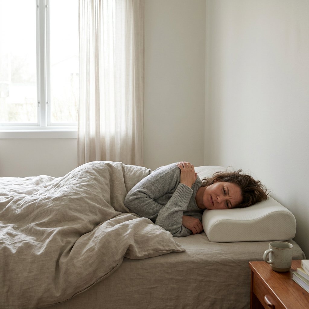 Volwassen vrouw ligt op haar zij in een rustige Nederlandse slaapkamer en ondersteunt haar schouder met een passend kussen in zacht ochtendlicht.