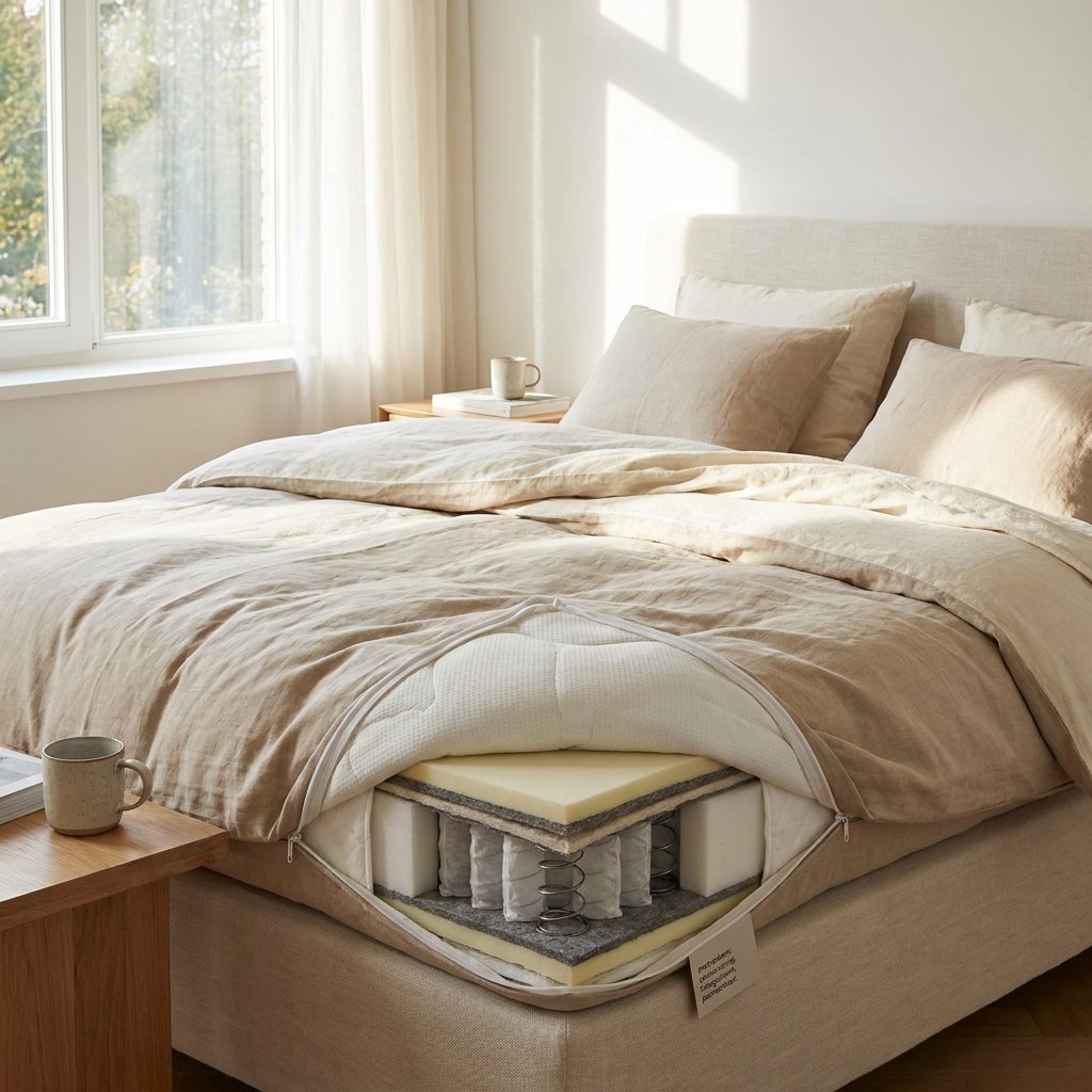 Opengesneden matras op een net opgemaakt bed in een lichte Nederlandse slaapkamer, met zichtbare kernlagen en een rustige, praktische sfeer.