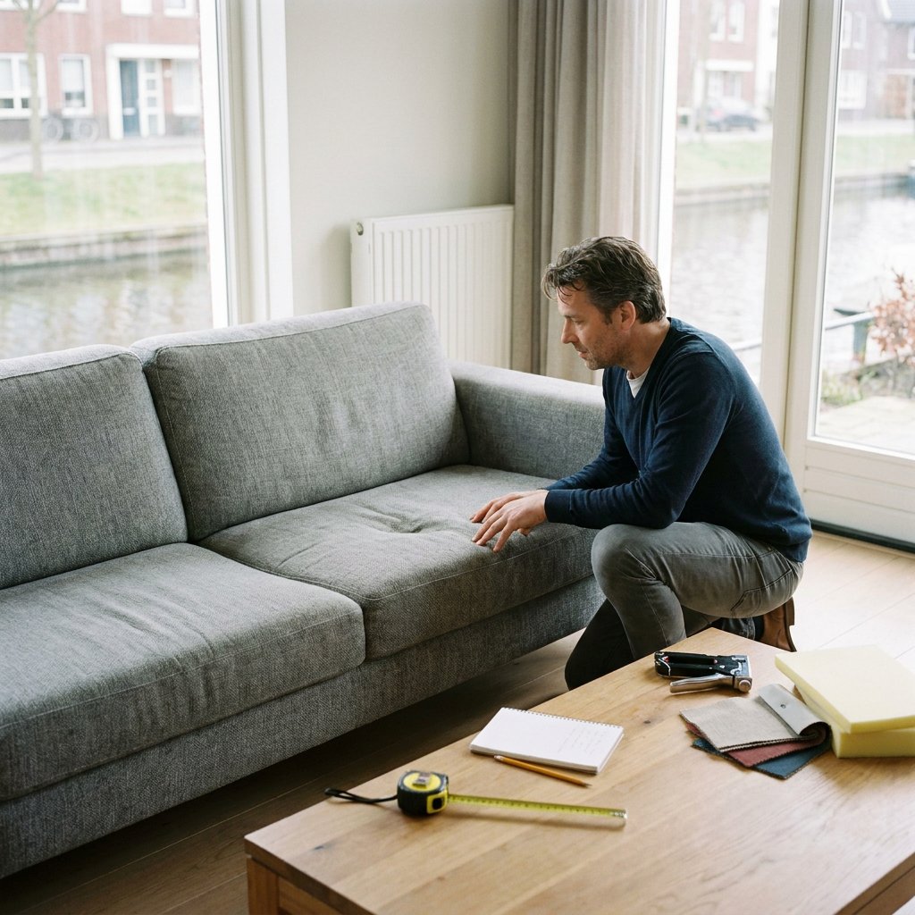 Bewoner inspecteert een doorgezakte grijze bank in een lichte Nederlandse woonkamer, met zichtbaar ingezakte zitplek en gereedschap op tafel.