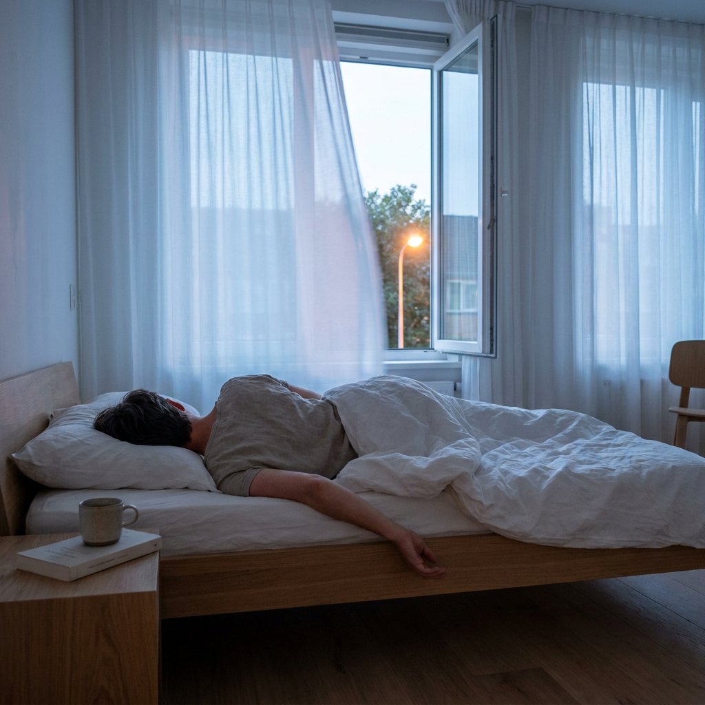 Persoon ligt wakker in een lichte Nederlandse slaapkamer, met open raam, dun beddengoed en zacht avondlicht dat een warme zomernacht voelbaar maakt.