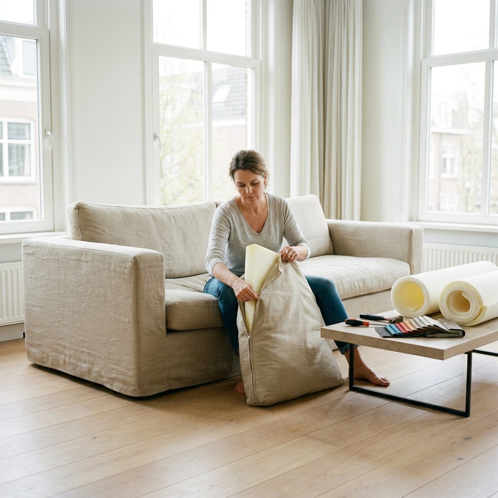 Bewoner vult de zitting van een doorgezakte bank op in een lichte Nederlandse woonkamer, met open kussen en nieuw schuim op tafel.