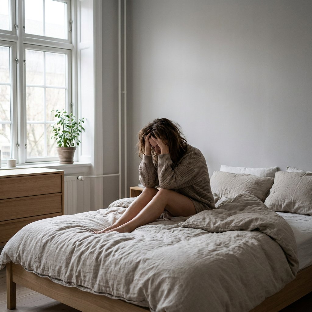 Vermoeide vrouw zit op de rand van haar bed in een rustige Nederlandse slaapkamer, ochtendlicht valt binnen terwijl ze slaperig voor zich uit kijkt.