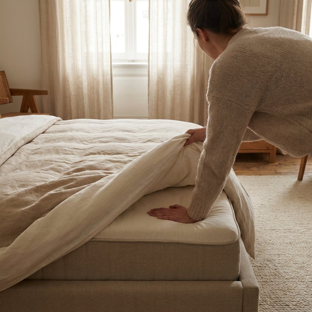 Volwassene controleert een ingezakt matras in een rustige Nederlandse slaapkamer, met opgetild laken en zichtbare kuil bij zacht ochtendlicht.