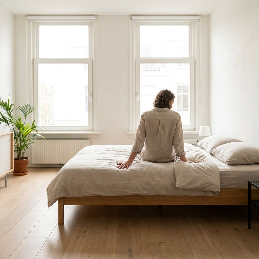 Volwassene test een matras in een lichte moderne slaapkamer, terwijl verschillende hardheden worden vergeleken op comfort en ondersteuning.