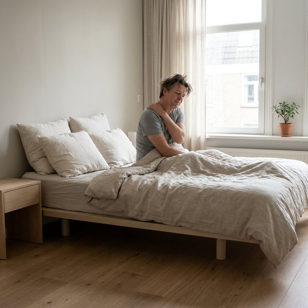 Volwassene zit vroeg in de ochtend op bed in een lichte Nederlandse slaapkamer en houdt pijnlijk de schouder vast, met kussen en dekbed zichtbaar.