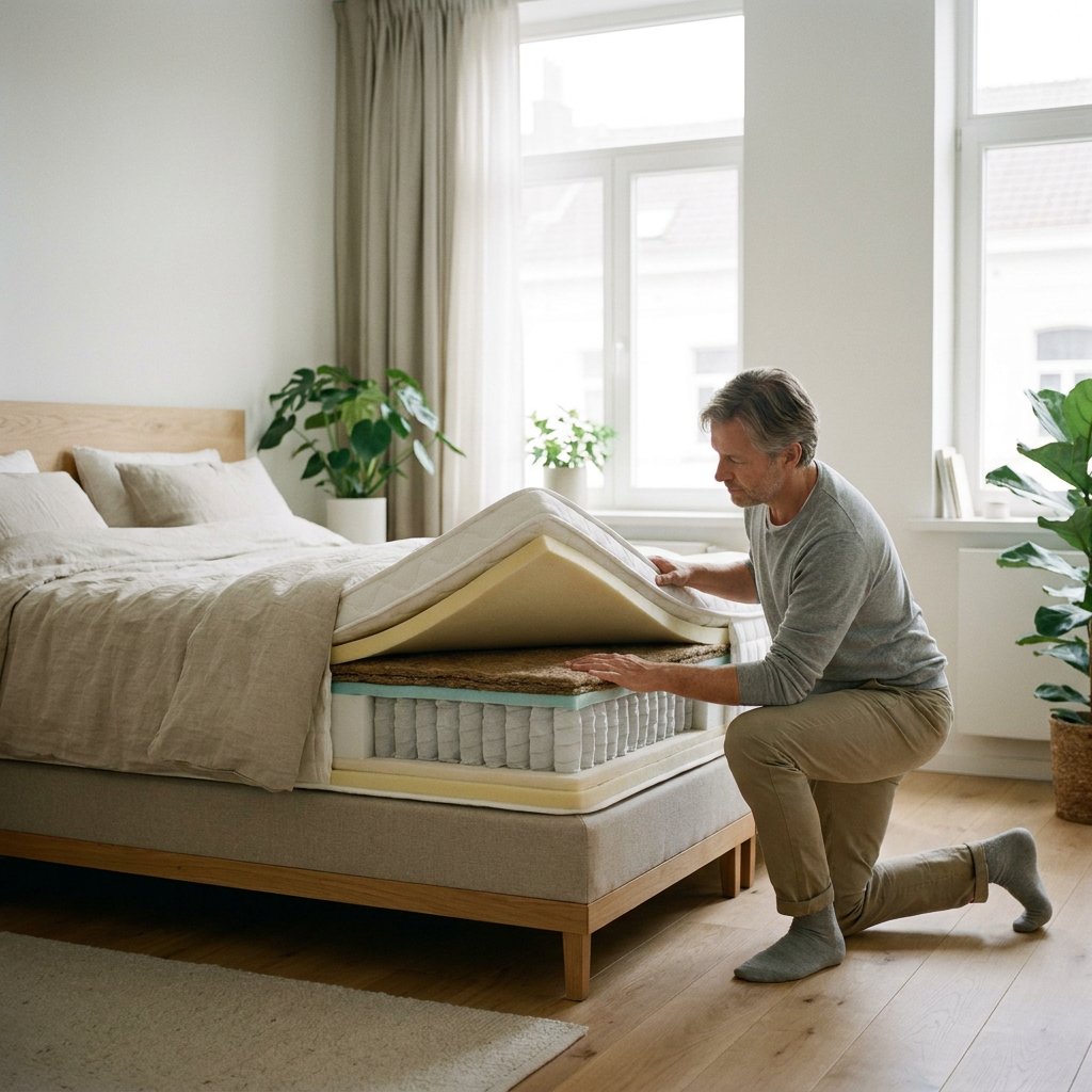 Persoon knielt naast een open boxspring in een lichte Nederlandse slaapkamer en controleert de matraskern om steun en slijtage te beoordelen.