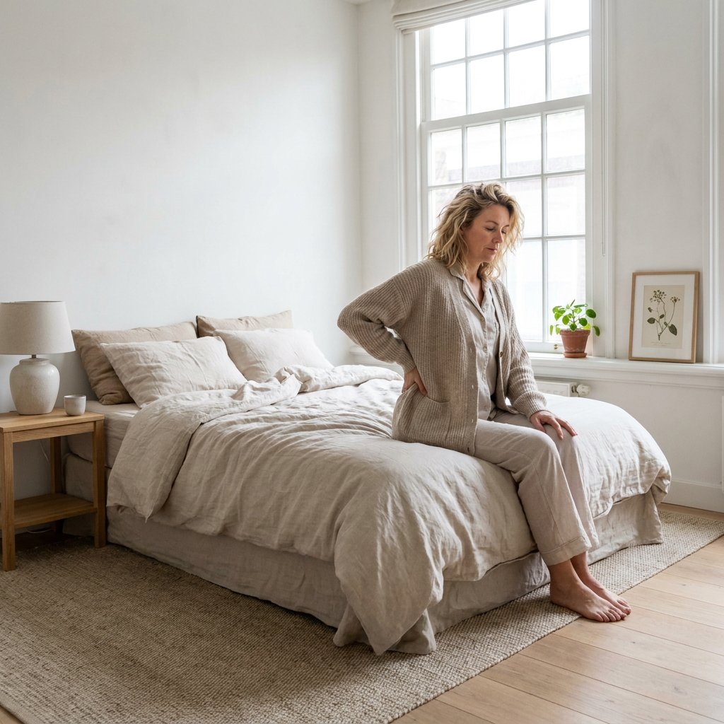 Volwassen vrouw zit op de rand van een bed in een lichte Nederlandse slaapkamer en strekt voorzichtig haar onderrug bij het wakker worden.