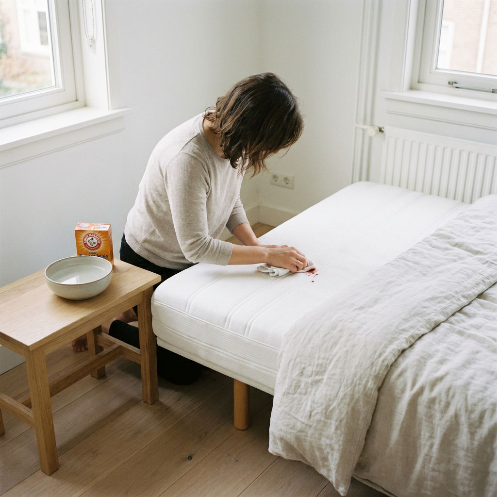 Persoon dept voorzichtig een kleine bloedvlek op een wit matras met doek en kom koud water in een lichte, rustige Nederlandse slaapkamer.