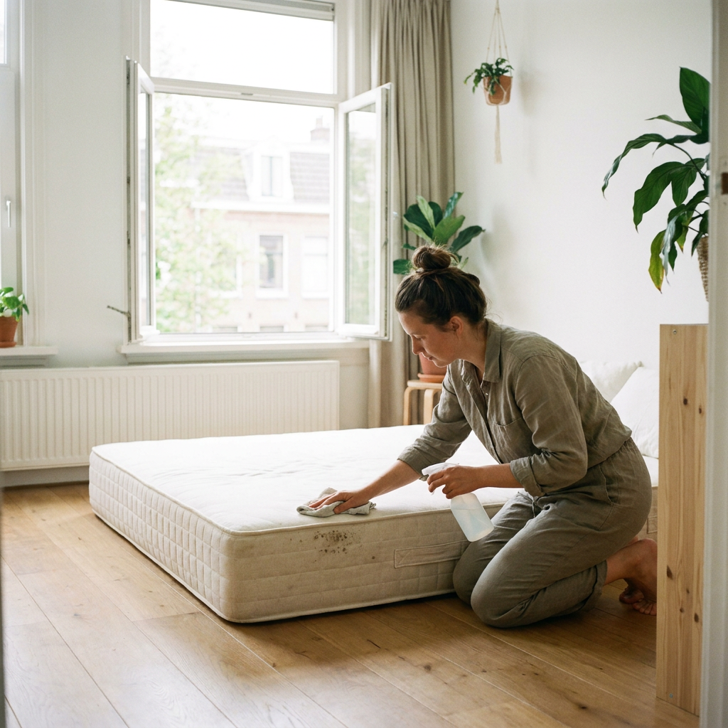 Persoon inspecteert een matras met kleine schimmelplek in een lichte Nederlandse slaapkamer, met schoonmaakdoek en open raam voor ventilatie.