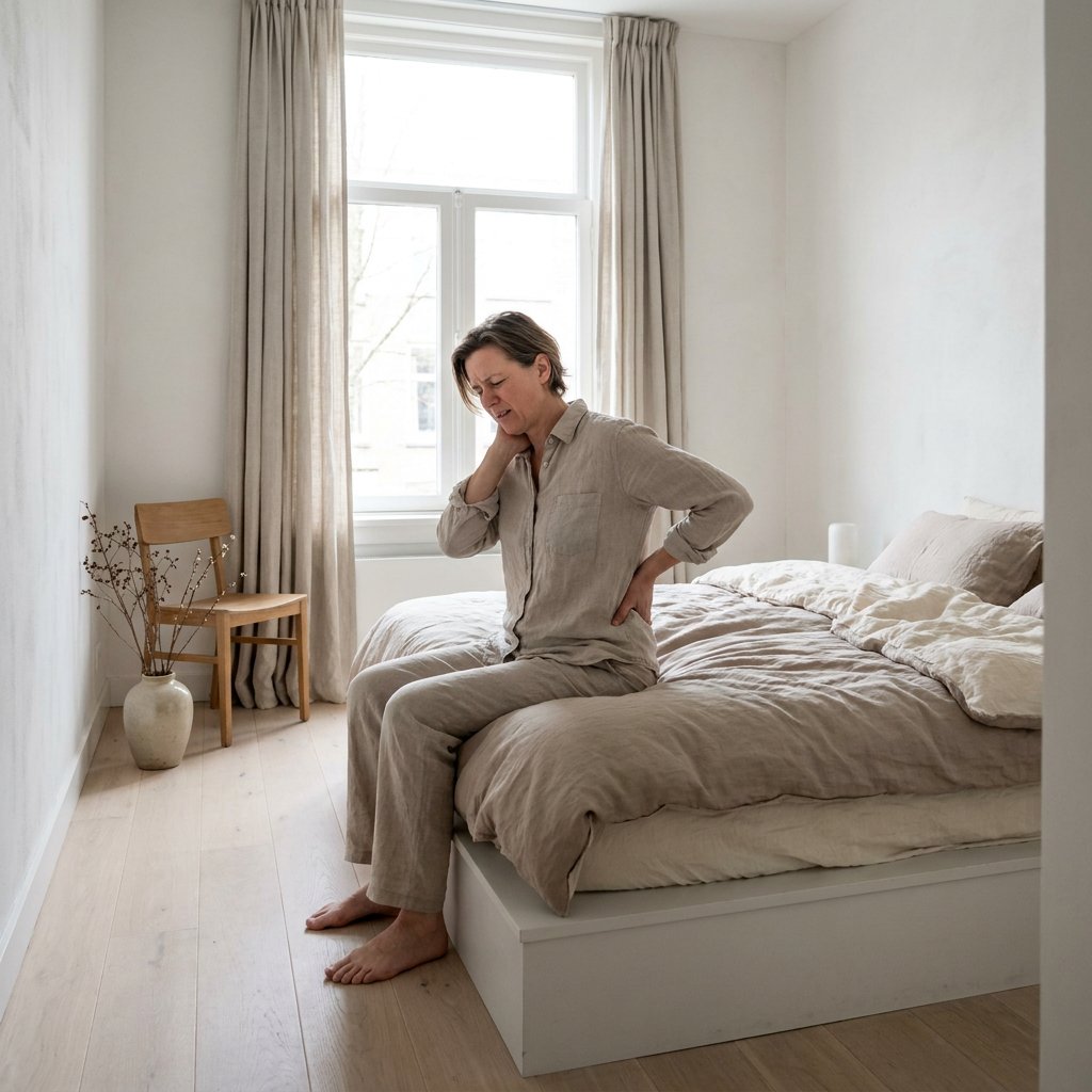Volwassene zit op de rand van het bed in een lichte, rustige slaapkamer en houdt de onderrug vast bij het opstaan in de ochtend.