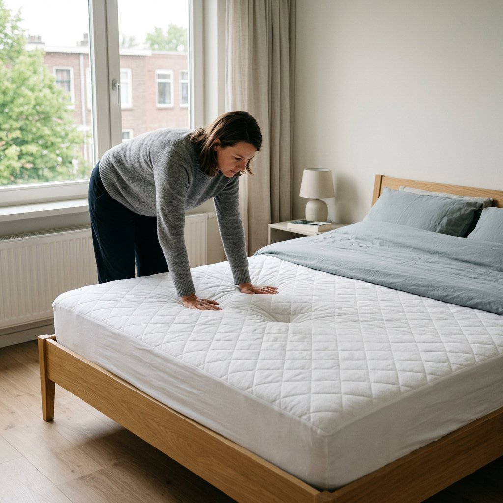 Volwassen persoon controleert een kuil in een pocketvering matras in een rustige Nederlandse slaapkamer, met zichtbaar ingezakte plek en zacht daglicht.