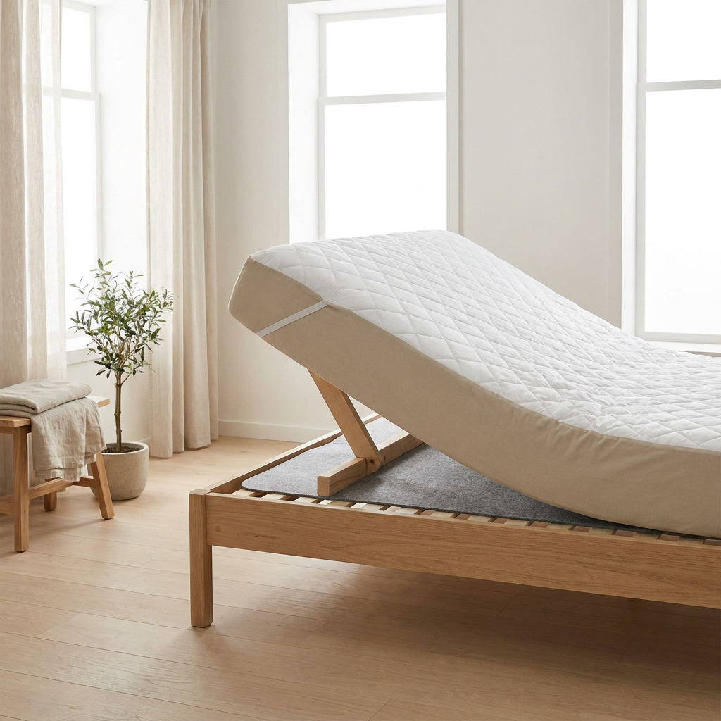 Net opgemaakt bed in een lichte slaapkamer, met matras deels opengelegd om molton bovenop en matrasbeschermer onder het matras te tonen.