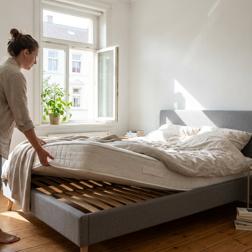 Fris opgemaakt bed in een lichte Nederlandse slaapkamer, met matras deels opgetild bij open raam zodat lucht circuleert en vocht kan verdampen.