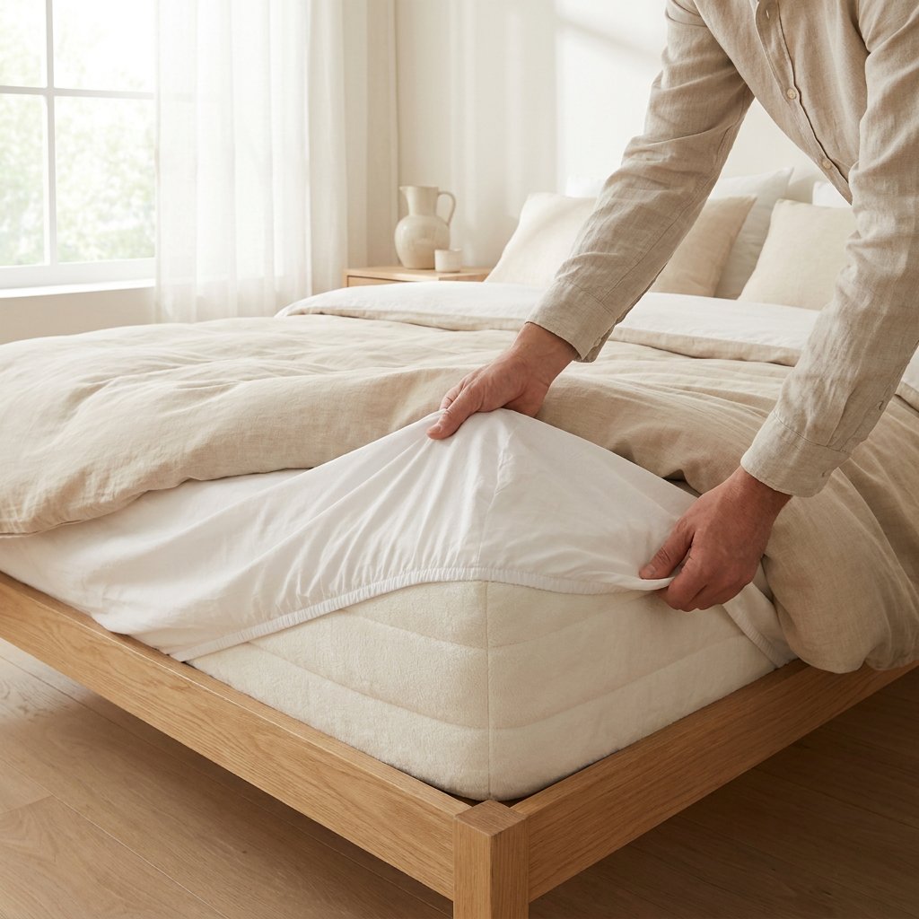Persoon trekt een wit hoeslaken strak om een hoog matras in een lichte Nederlandse slaapkamer, met focus op pasvorm en een nette, gladde afwerking.