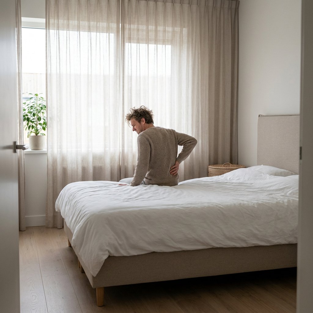 Volwassene zit 's ochtends op de rand van het bed en houdt de onderrug vast in een lichte, rustige Nederlandse slaapkamer met zacht daglicht.