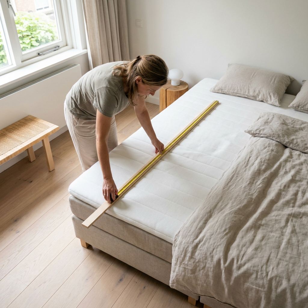 Een volwassene controleert met een rechte lat en meetlint de kuil in het midden van een boxspring in een lichte, moderne slaapkamer.