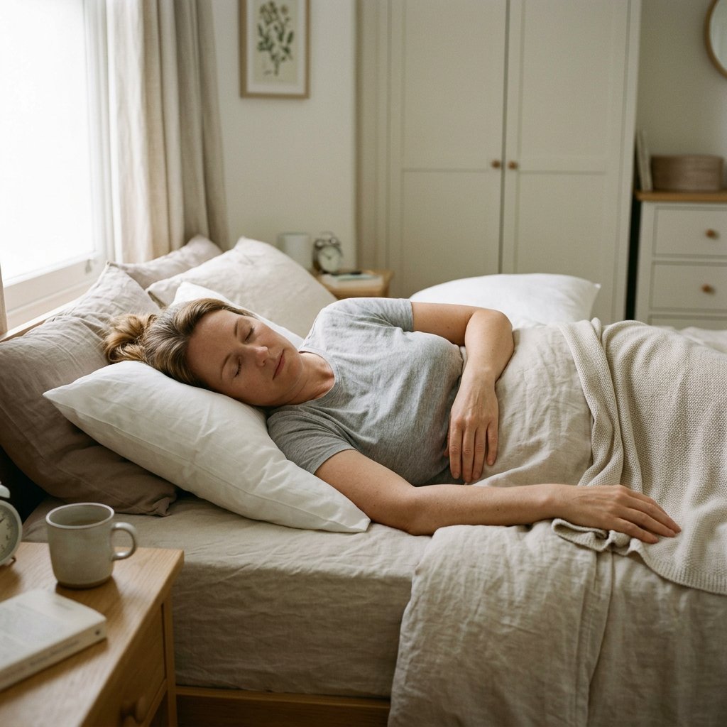 Volwassene ligt op de rug in een rustige moderne slaapkamer, met extra kussen onder arm en schouder voor steun tijdens de nacht.