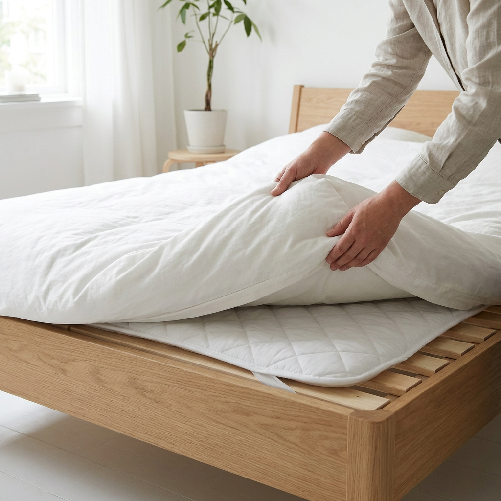 Net opgemaakt bed in een lichte Nederlandse slaapkamer, met opgetild matras dat een matrasbeschermer op de lattenbodem zichtbaar maakt.