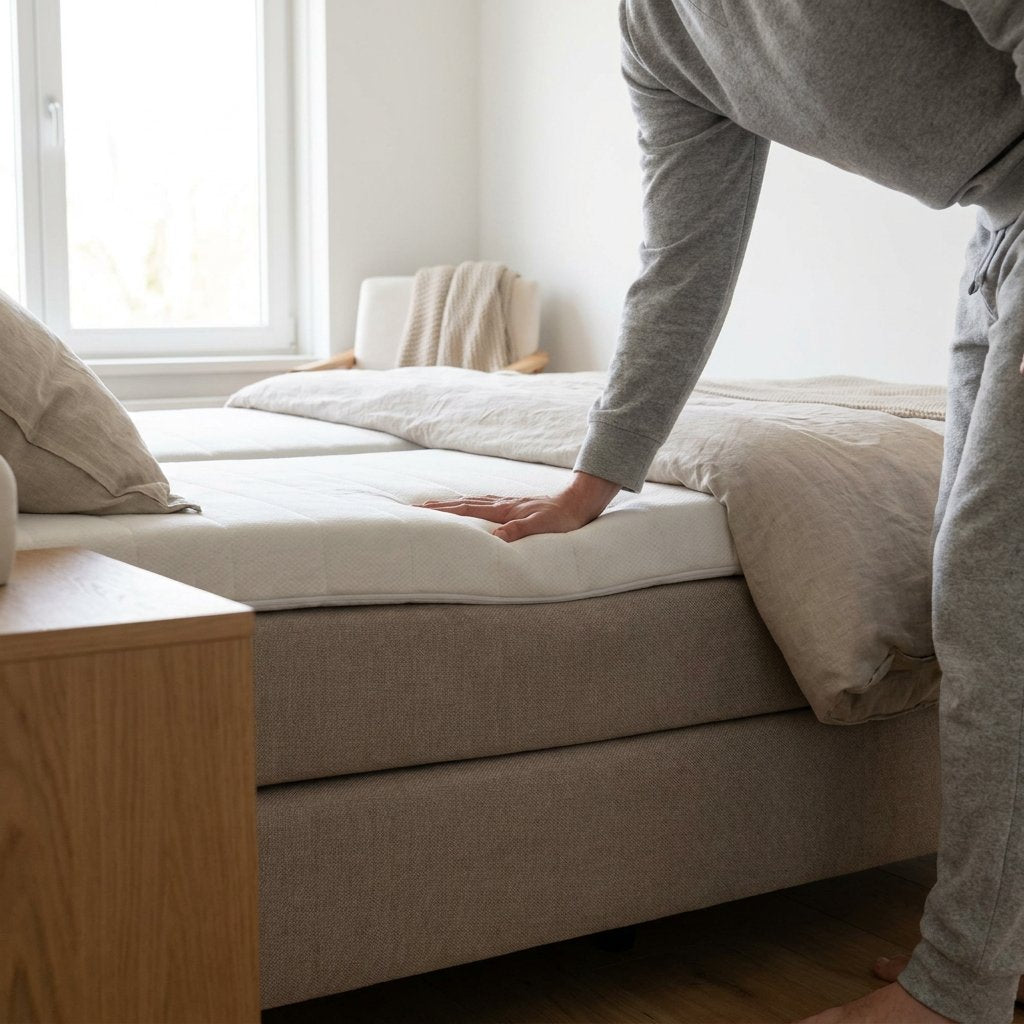 Close-up of a double bed made from two single mattresses, with a hand pressing into the center seam to show the dip, in a bright, modern Dutch bedroom.