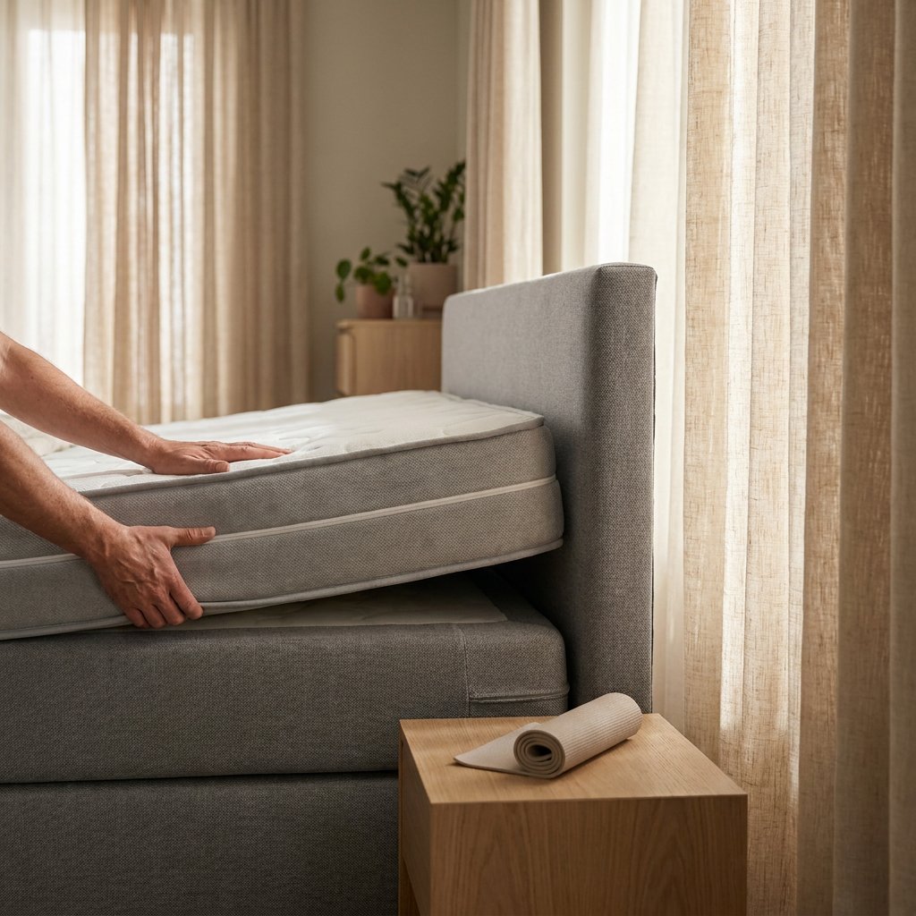 Lichte Nederlandse slaapkamer met grijze boxspring; verschoven matras met zichtbare kier. Handen trekken het matras recht. Zacht ochtendlicht door gordijnen.