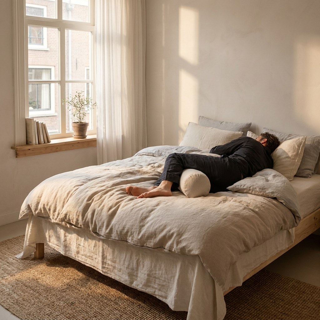 Persoon ligt op de zij in een rustige, lichte slaapkamer met een kussen tussen de benen voor extra comfort en een ontspannen slaaphouding.