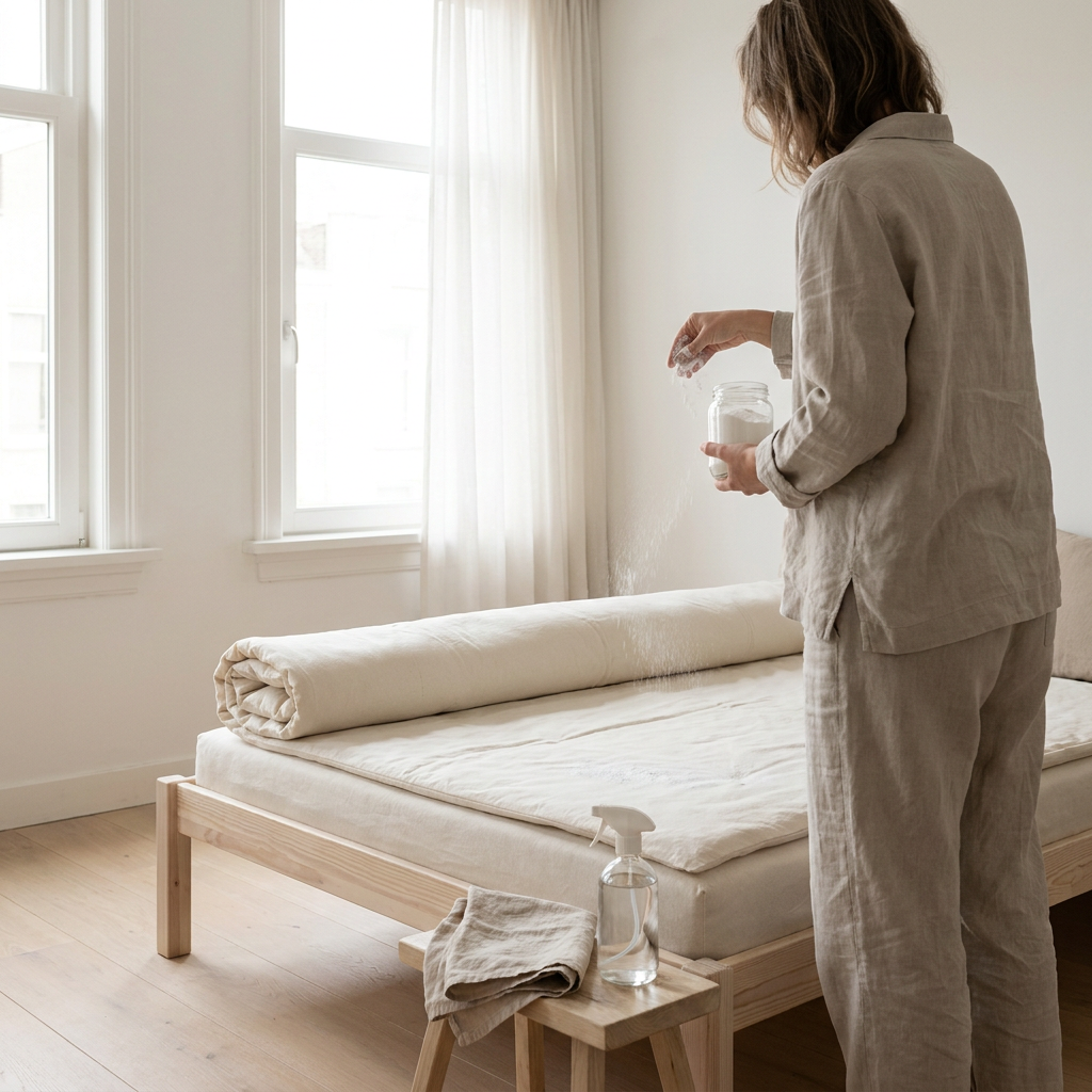Persoon maakt een topmatras schoon met baking soda in een lichte minimalistische slaapkamer, met fris wit beddengoed en zachte ochtendzon.