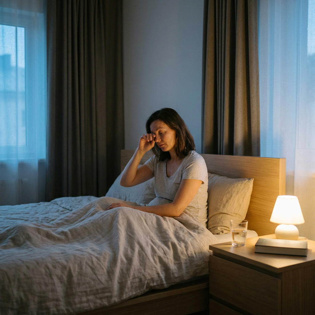 Volwassen vrouw zit ’s nachts rechtop in bed in een rustige Nederlandse slaapkamer, zacht blauw ochtendlicht valt binnen en de sfeer is kalm.