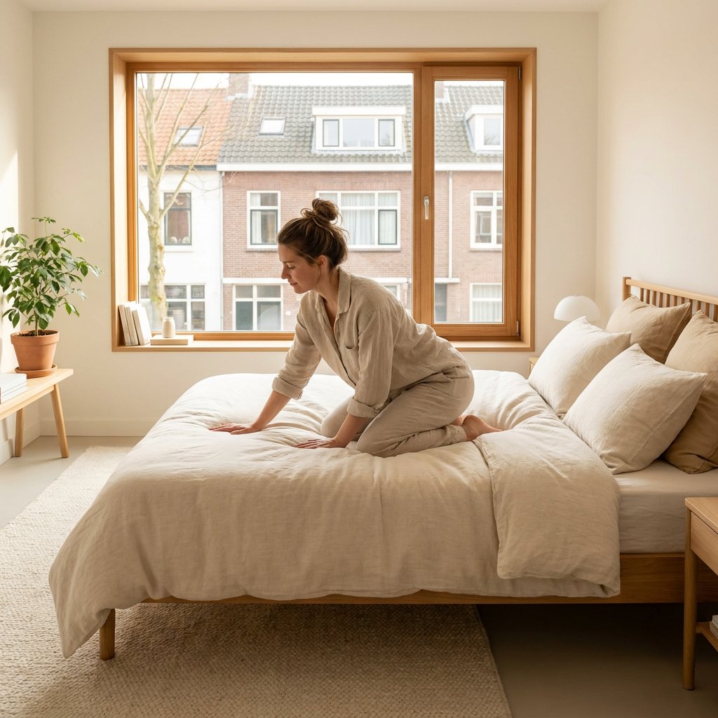 Volwassene test liggend verschillende matrashardheden in een lichte, rustige slaapkamer met neutrale tinten en een praktische, betrouwbare sfeer.