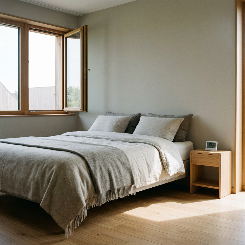 Rustige Nederlandse slaapkamer met opgemaakt bed, zacht ochtendlicht en een subtiele thermometer die rond 18 graden aangeeft.