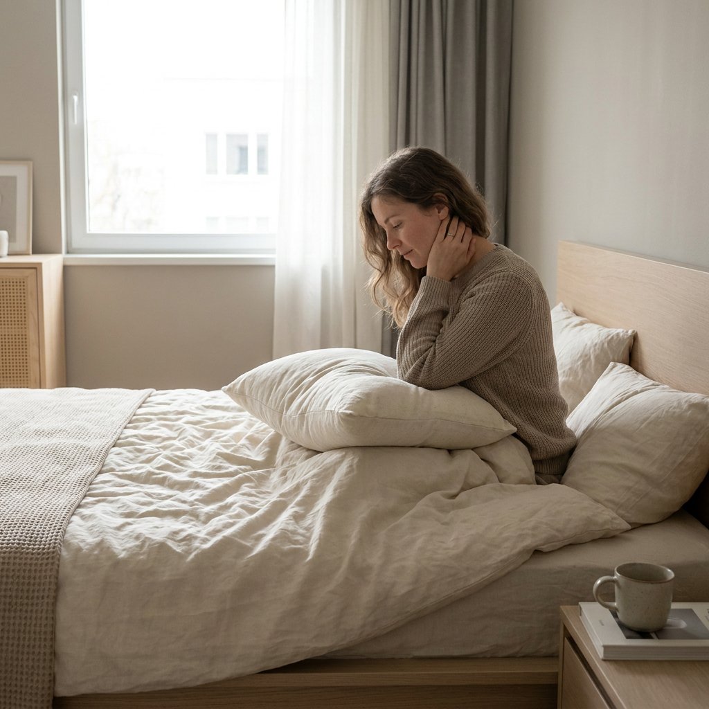 Volwassen vrouw zit rechtop in bed en houdt haar nek vast naast een verkeerd liggend kussen in een lichte, rustige Nederlandse slaapkamer.