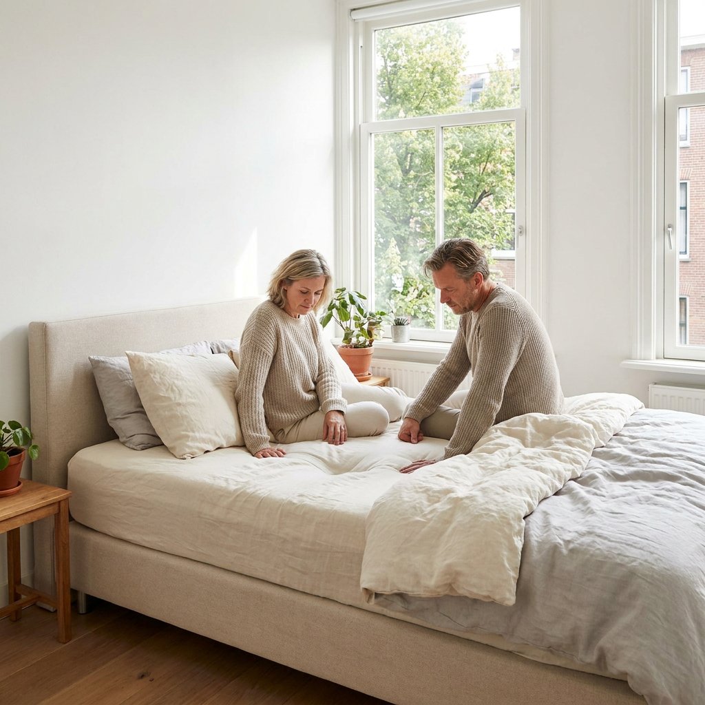 Echtpaar zit op een bed in een lichte Nederlandse slaapkamer en kijkt bezorgd naar een duidelijke kuil in het midden van het matras.