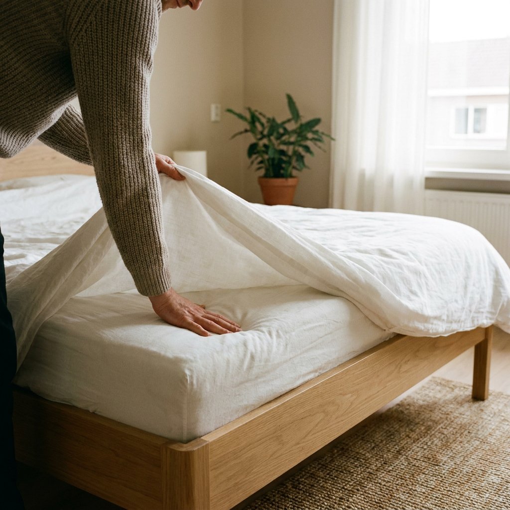 Persoon controleert een ingezakte plek op een matras in een lichte, nette slaapkamer, met opgetild beddengoed en praktische, rustige sfeer.