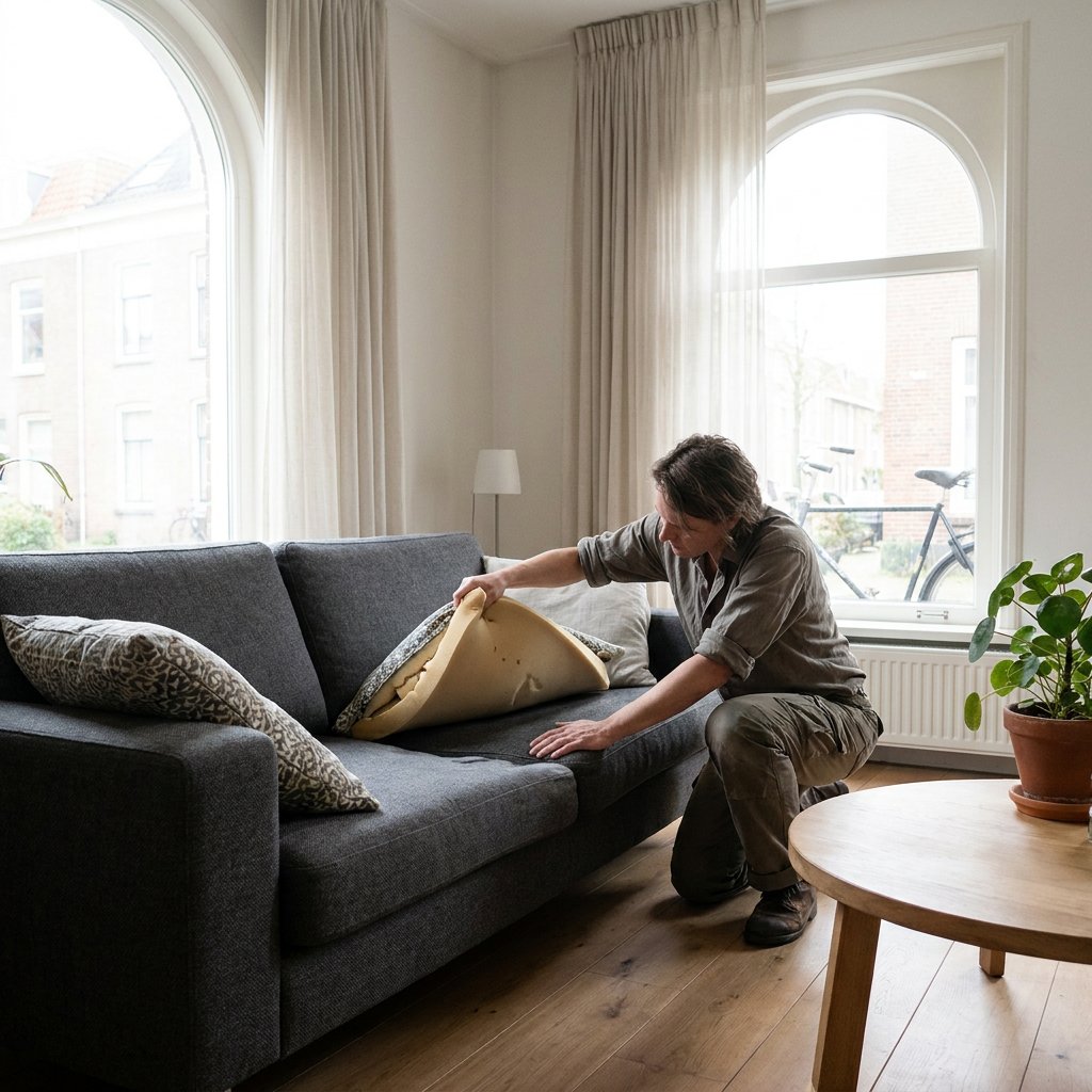Een licht ingezakte stoffen bank in een nette Nederlandse woonkamer, met open zitkussen en zichtbaar schuim terwijl iemand de vulling inspecteert.
