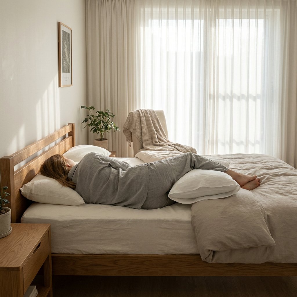 Volwassene ligt ontspannen op de zij in een lichte Nederlandse slaapkamer, met kussen tussen de knieën en rustige ochtendzon op het bed.