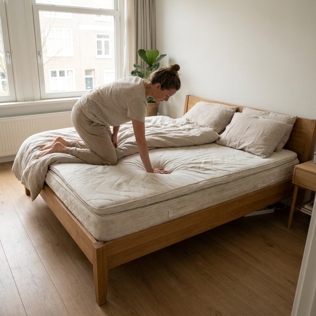 Persoon inspecteert een ingezakt matras in een lichte Nederlandse slaapkamer, met zichtbare kuilvorming en een nette, rustige sfeer.