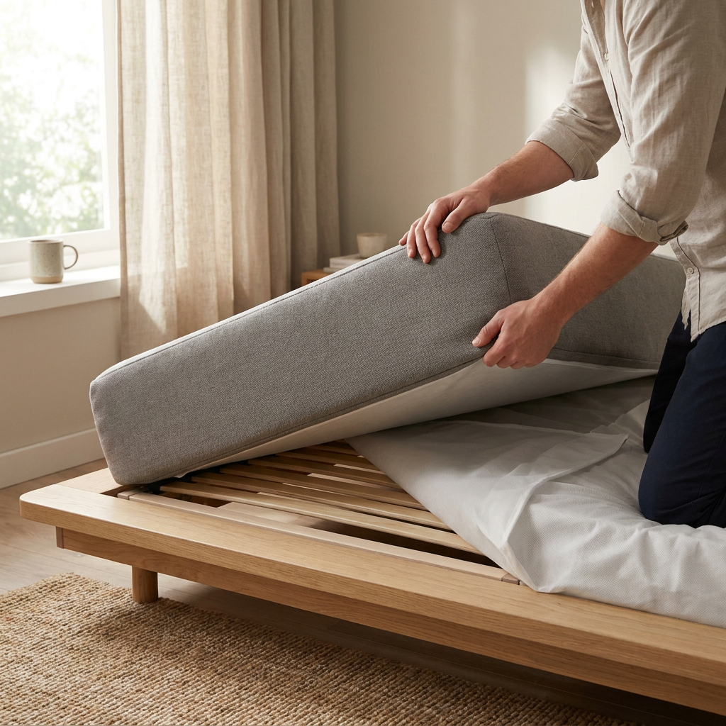 Neat Dutch bedroom with a person lifting a mattress corner to place a protective underlay between slatted base and mattress.