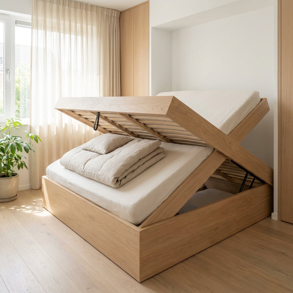 Net opgemaakt bed met matras op houten lattenbodem in een lichte Nederlandse slaapkamer, met zicht op de open bedconstructie en rustige ochtend sfeer.
