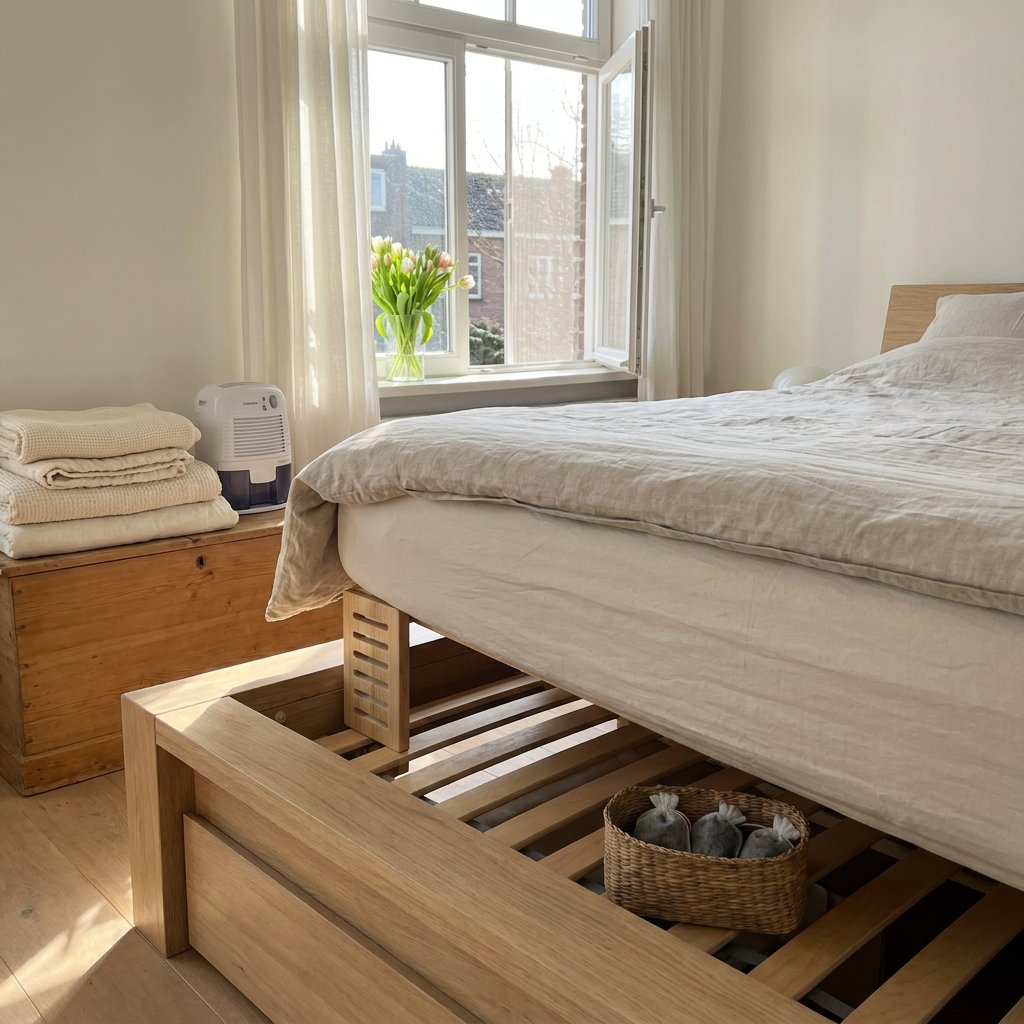 Fris opgemaakt bed in een lichte Nederlandse slaapkamer, met opgetild matras en open raam als visuele uitleg voor ventilatie en vochtpreventie.