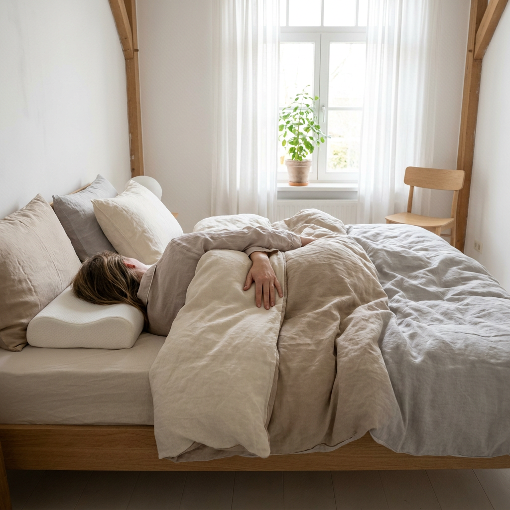 Volwassene ligt ontspannen op een ondersteunend kussen in een rustige, lichte slaapkamer, met neutrale nekhouding en fris beddengoed.