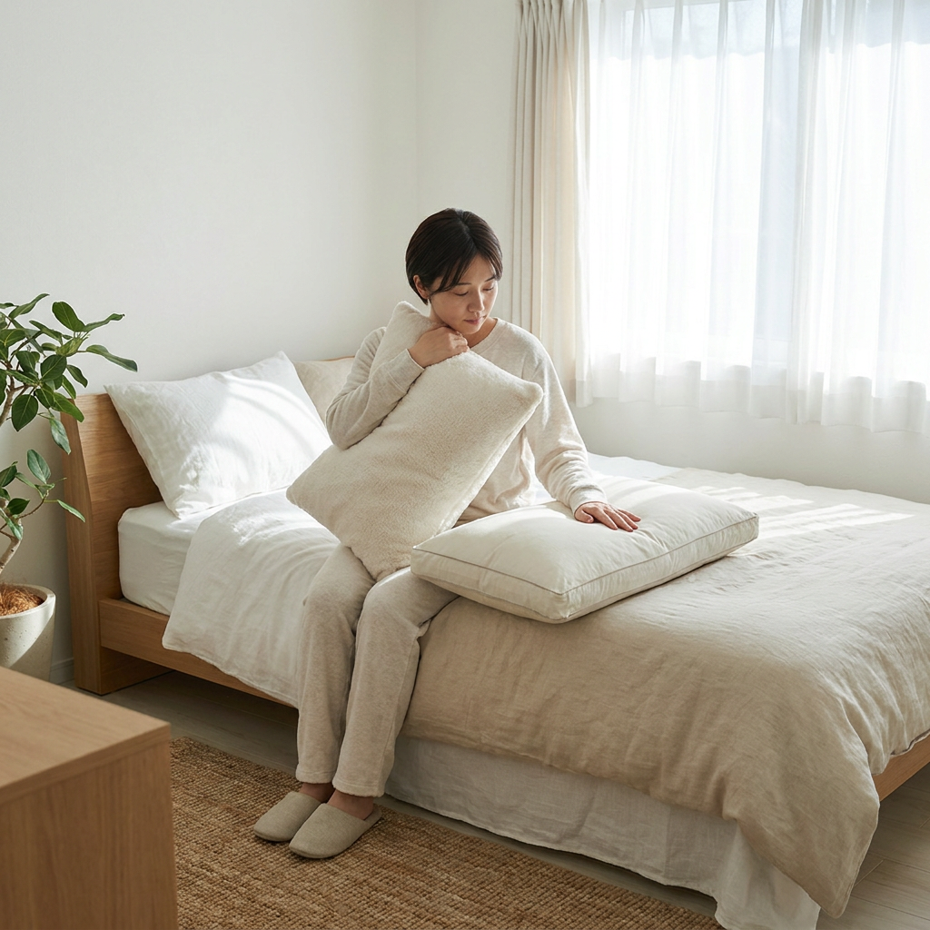 Persoon in een lichte, moderne slaapkamer vergelijkt een stevig en zacht kussen op bed, met rustige ochtendlicht en een nette Europese sfeer.