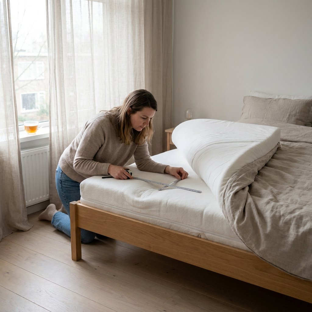 Net opgemaakt bed in een rustige Nederlandse slaapkamer, met zichtbare lichte inzinking in het matras terwijl iemand de kuil zorgvuldig meet.