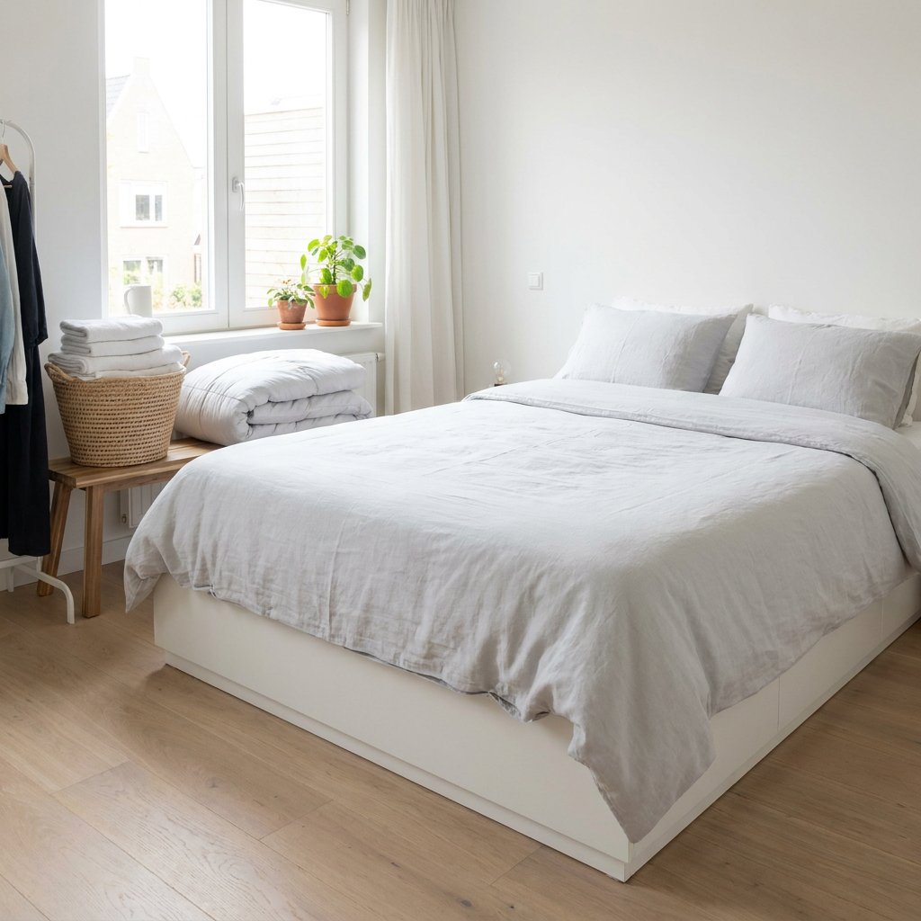 Net opgemaakt bed in een lichte Nederlandse slaapkamer, met een iets te strak hoeslaken en wasmand op de achtergrond in zacht ochtendlicht.