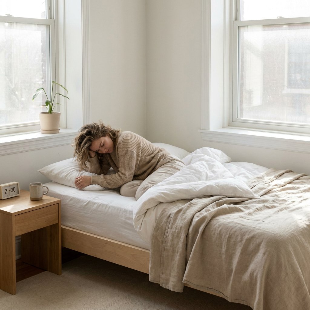 Volwassen vrouw doet een korte powernap op een net opgemaakt bed in een lichte Nederlandse slaapkamer, met zacht daglicht en een rustige sfeer.